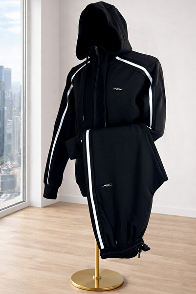 BESSA طقم رياضي رجالي من القماش المطاطي ذو وجهين باللون الأسود بغطاء رأس مع ج...