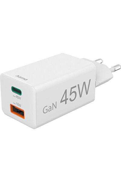 Hama Fast Charger, 1x USB-C, 1x USB-A, Mini Charger, PD, 45 W, white