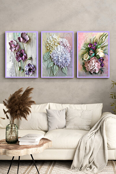 kutuTR Lila Renk Ahşap Çerçeveli 2DUV Baskı 3’lü MDF Tablo–Pastel Çiçek Buket...