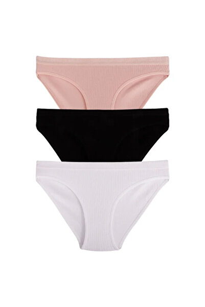 Dominant Kadın 3'lü Paket Pamuklu Slip Bikini Külot Seti - Pudra Siyah Beyaz