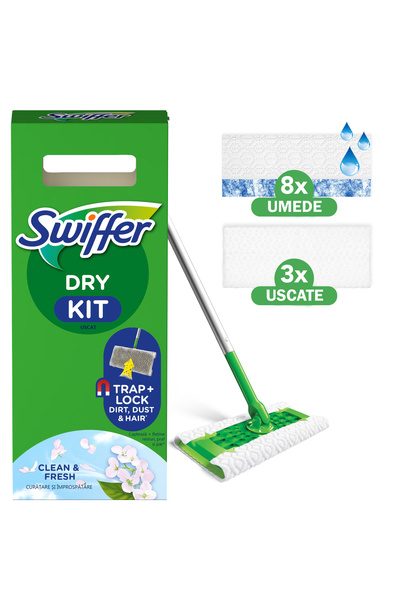 Swiffer Kit de bază Trap & Lock pentru mop uscat/umed, 1 mop, 8 rezerve de la...
