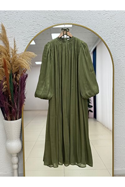 BENAHOLL فستان روفيدا بأكمام بالون وحزام مطاطي - EK730 أخضر زيتي