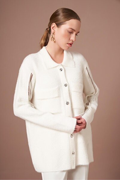 FTZ WOMEN Women's Striped Detail Cardigan Ecru 25292