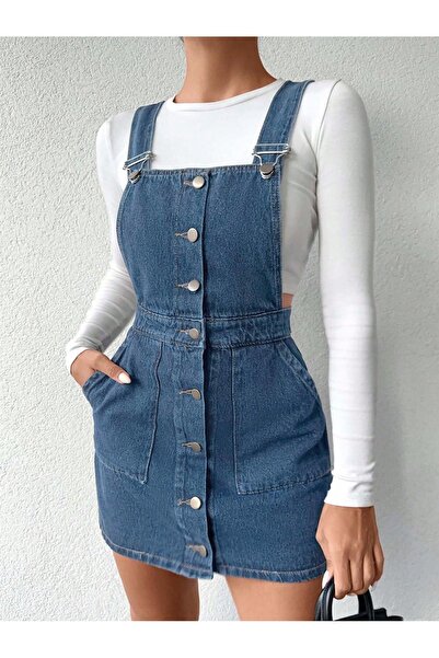 KENE JEANS Dark Blue Bahçevan Dress with Front Buttons and Skirt