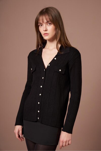 FTZ WOMEN Women's Corded Fabric V-Neck Cardigan Black 25021