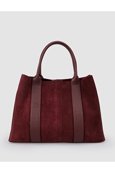 Cabani حقيبة كتف نسائية من جلد الغزال الأصلي باللون الأحمر الداكن