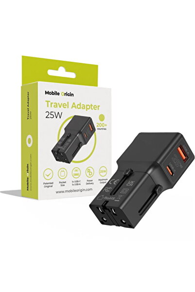 Mobile Origin TAD25-2P-BLK 1x USB-A + 1x USB-C PD EU/US/UK/AU 25W Negru