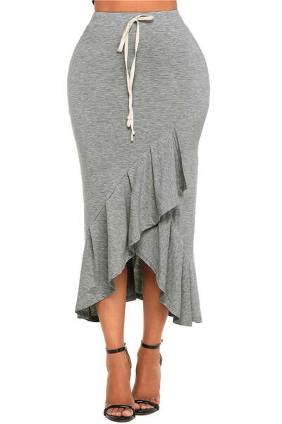 WildFashion Elastic midi skirt with ruffles and drawstring at the waist T693-1