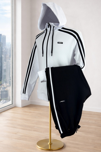 BESSA طقم رياضي رجالي من القماش الأبيض بغطاء رأس ذو وجهين مع أرجل مطاطية وجيو...