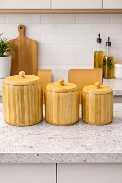 Akkoyunlu home 3 Size Bamboo Spice Jar Set Tea Coffee Sugar Bamboo Jar Set