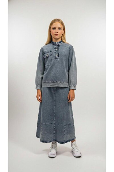 Pantulux Girl's Casual Denim Suit with Long Skirt, Hijab Model-Aüt-3042