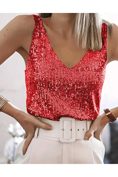 MODAS sıfır kollu v yaka pulpayet bluz