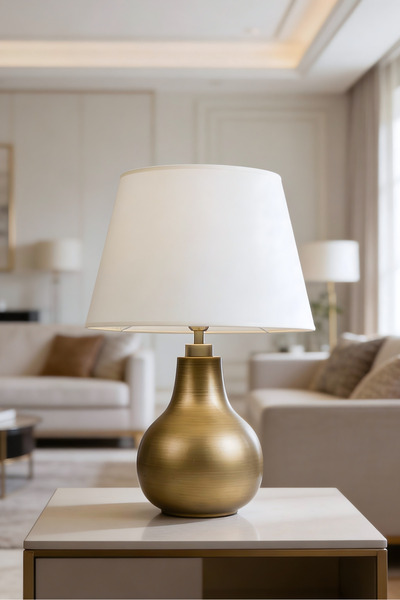 Bahar Aydınlatma Vera Krem Başlıklı Eskitme Gold Modern Abajur