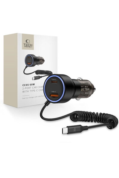 Tech-Protect 5906302361717 CC05 USB-C + USB-A PD + cablu usb-c inclus 60W Negru
