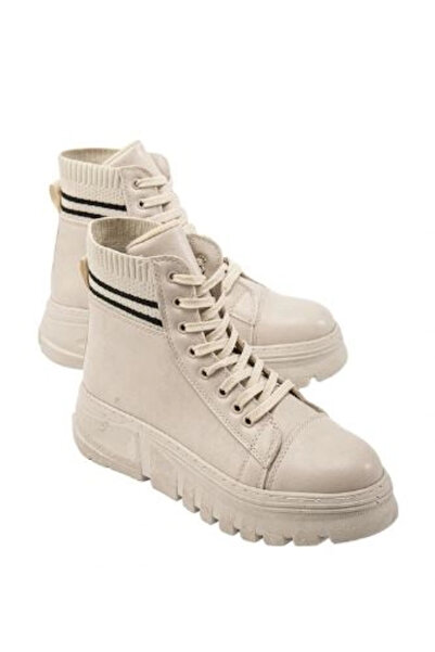 Mergenshoes Mf1007 Bej Tiriko Cilt Kışlık Bağcıklı Kadın Bot