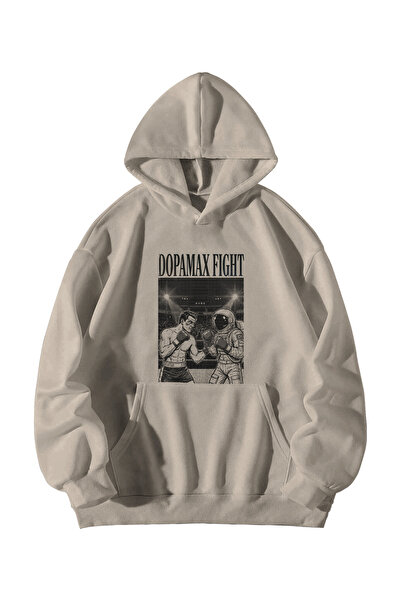 Scrovtie Unisex Krem Oversized Hoodie - Dopamax Astronout Turkish Fight Print...