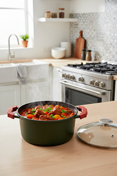 Masterchef Yeşil 24 cm Silikon Tutacaklı Döküm Tencere – Granit Kaplama, Yapı...