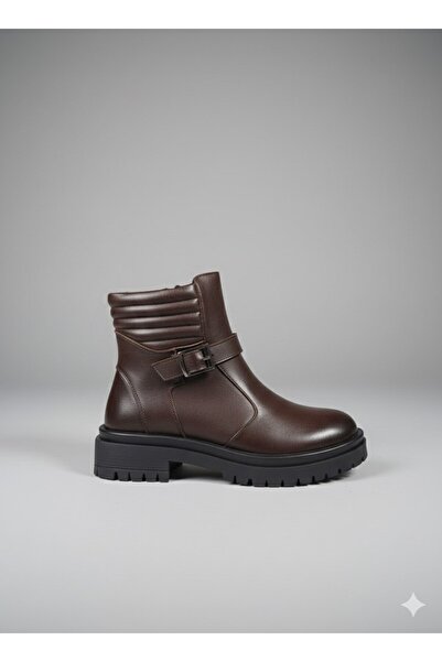 Öztürk Brand Short Heeled Belt Buckle Women's Leather Fur Lined Boots Brand-856