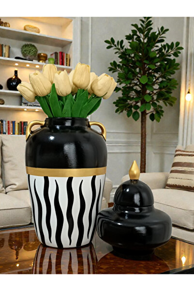 VERA HOME DECOR مزهرية سوداء من السيراميك، مزخرفة يدويًا بنقش الحمار الوحشي، ...