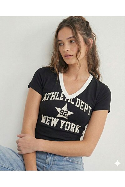 FAVORİST تي شيرت نسائي قصير من القماش الناعم باللون الأسود من نيويورك 92 OGZ