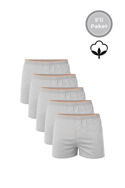 Kompedan 5'li Paket Şardonlu Pamuklu Düğmeli Penye Erkek Boxer | Gri Melanj K...