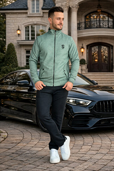 BESSA Green Mock Neck Tracksuit Set Pique Fabric Detailed Zippered Pocket Str...