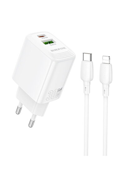 Borofone USB + Type-C, PD30W, QC3.0, GaN + Cablu Lightning la USB-C - Aliment...