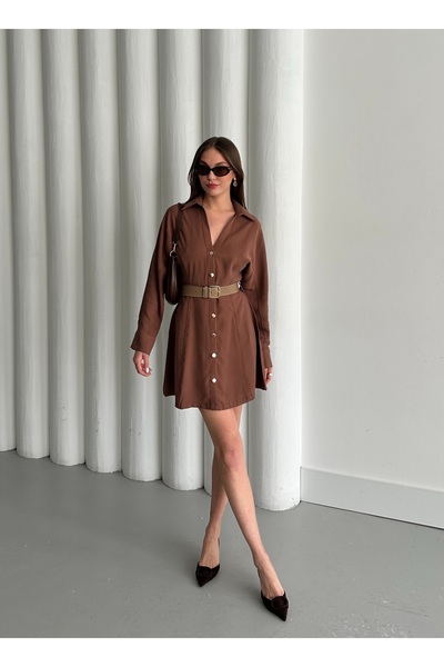 My Blog Brown Gold Button Belted Dress - 250367