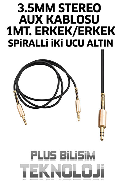 Plus Bilişim aux kablosu 1 metre altın jacklı 3.5mm aux, metal uç, silikon au...