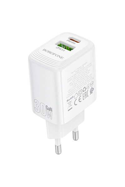Borofone USB + Type-C, PD30W, QC3.0, GaN - Sursă de alimentare (BN29) - Alb