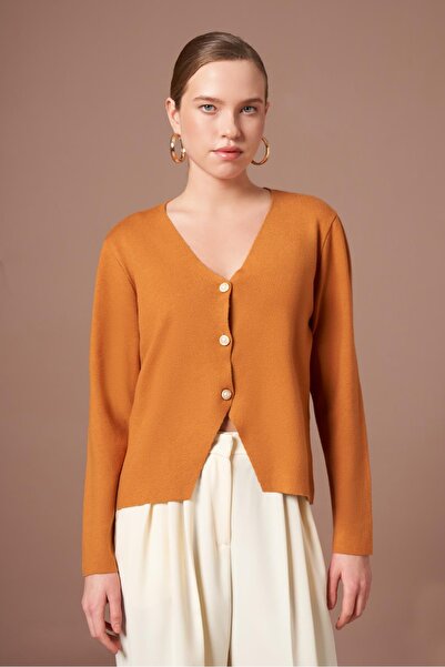 FTZ WOMEN Women's Button Detail V-Neck Cardigan Saffron 25264