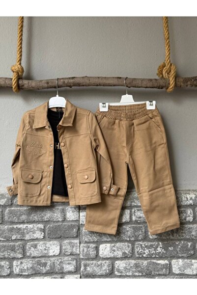 Linoş Kids Erkek Çocuk Alt Üst Üçlü Alt Üst Takım Kot Ceketli Kısa Kol Tişört...