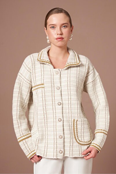 FTZ WOMEN Women's Stripe Detail Beard Cardigan Ecru Gold 25041