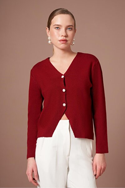 FTZ WOMEN Women's Button Detail V-Neck Cardigan Burgundy 25264