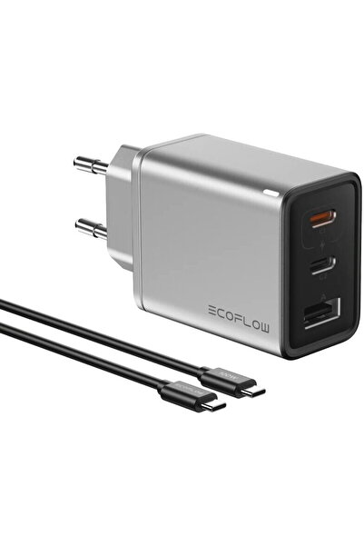 EcoFlow 65W GaN, Fast Charger, 2x USB-C 1x USB-A (cablu 100W inclus), Gri