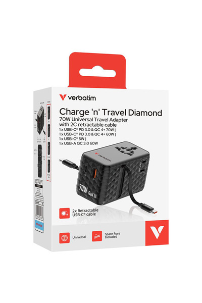 Verbatim GaN USB-A + USB-C PD 3.0 QC 4+ 2 cabluri retractabile USB-C 70W Negru