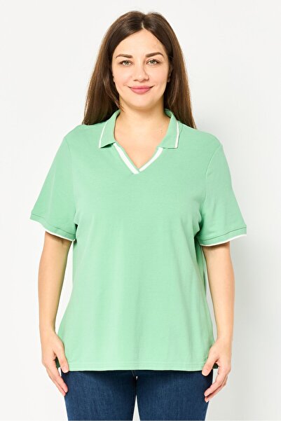 Marks & Spencer Women V-Neck Short Sleeve Solid Polo Shirt, Sage Green