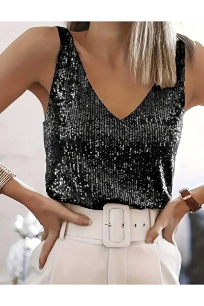 MODAS sıfır kollu v yaka pulpayet bluz