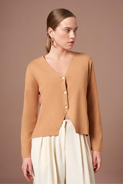 FTZ WOMEN Women's Button Detail V-Neck Cardigan Biscuit 25264