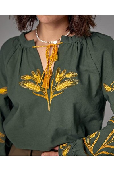 Sosyete Kaplumbağa Blouse with Spike Pattern Embroidery, Lace-Up Long Balloon...