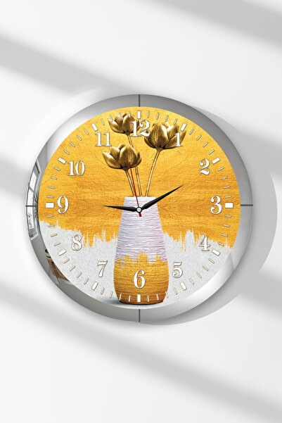 Zevahir Mobilya Dekorasyon Silver Framed Yellow Vase Themed Round Mdf Wall Clock