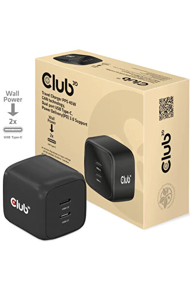 Club 3D PPS 45W with GAN technology, dual USB Type-C port, Power Delivery sup...