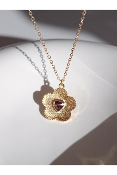 Reorah Collection Flower Shaped Red Heart Necklace - Gold Color