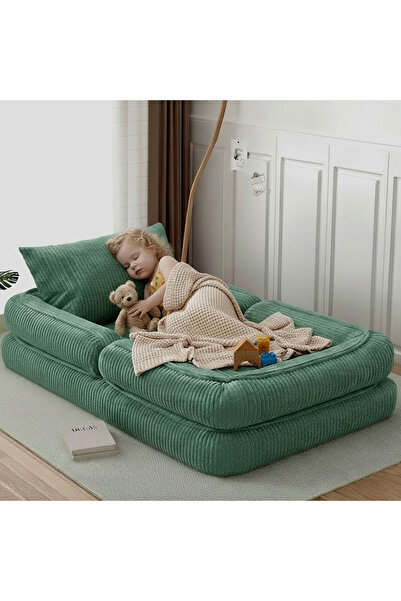 foamly Trend Yeşil Fitilli Kadife Modüler Çocuk Oyun Minderi Ve Yatağı Tamame...