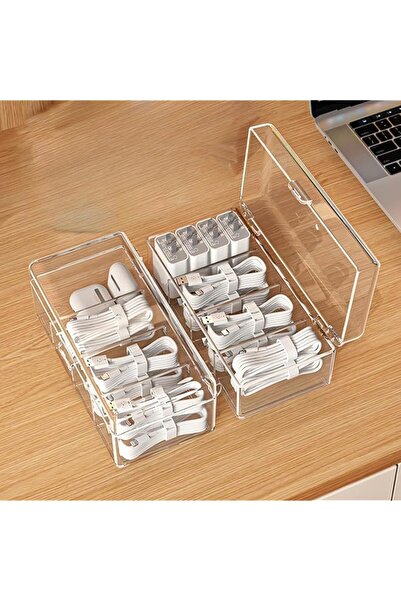 The Bros 2 Pack Cable Organizer Box with Lid, Clear charging cord organizer b...