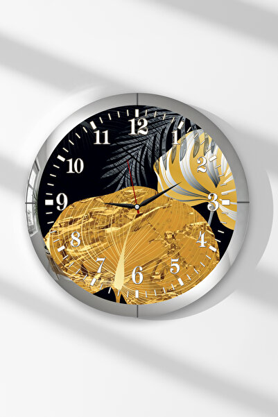 Zevahir Mobilya Dekorasyon Silver Framed Gold Plants Themed Round Mdf Wall Clock