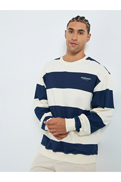Styli Men Navy Blue Striped Fleece Sweatshirt