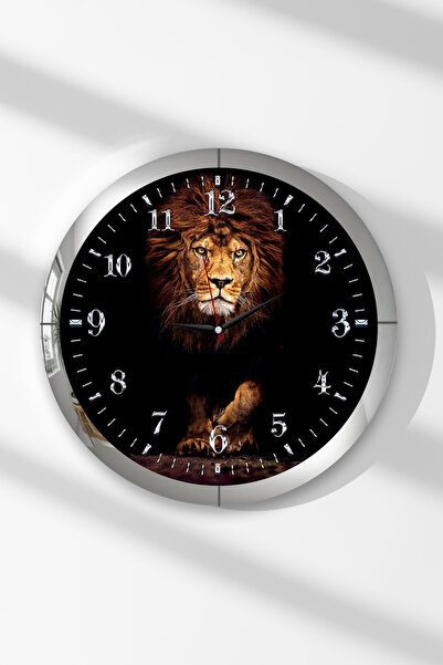Zevahir Mobilya Dekorasyon Silver Framed Yellow Lion Themed Round Mdf Wall Clock