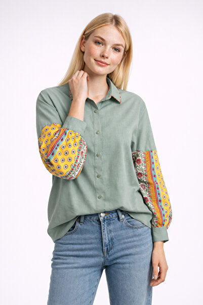 poupee Cămașă verde pentru femei, mâneci cu model supradimensionat Patchwork ...