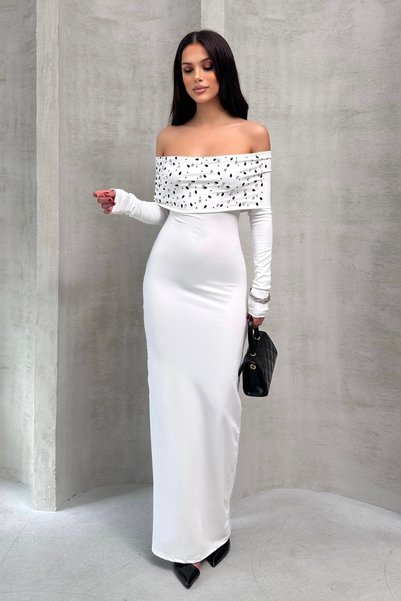 XELA ROCHIE MAXI DE DAMĂ CU GULER MADONNA, DETALII DIN PIATRĂ ȘI MÂNECĂ LUNGĂ